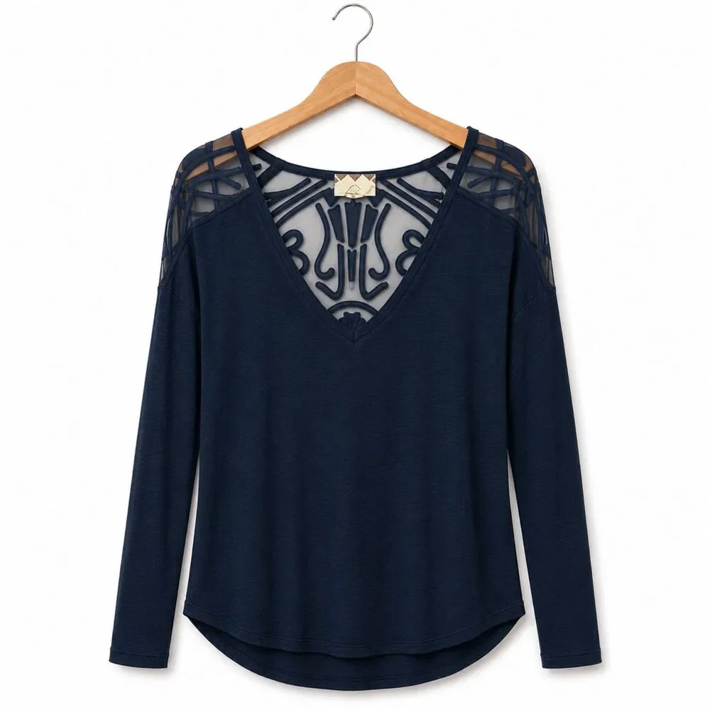 Free People Gatsby Boho Lace Scoop Neck Blue Ribbed Long Sleeve Top M Indie